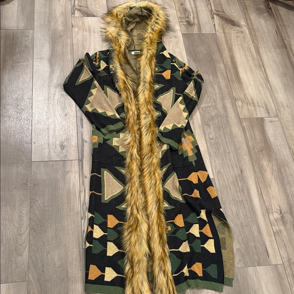 Tasha Polizzi Sweaters - Tasha Polizzi Tinsley Aztec and Fur Long Cardigan Sweater with Faux Fur Trim